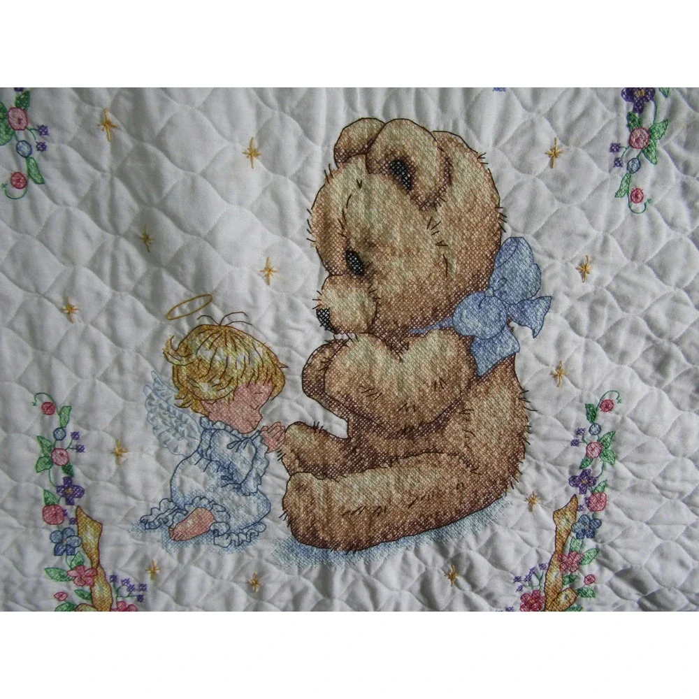 Vintage‎ Quilted Baby Blanket Now I Lay Me Down To Sleep Teddy Bear Angel White